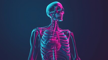 Anatomical Skeleton Model with Neon Effect on Dark Background