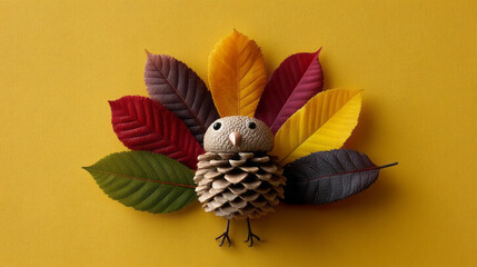 Whimsical pinecone turkey with vibrant leaf feathers, autumnal centerpiece for Thanksgiving, creative forest creature, Harvest Festival charm