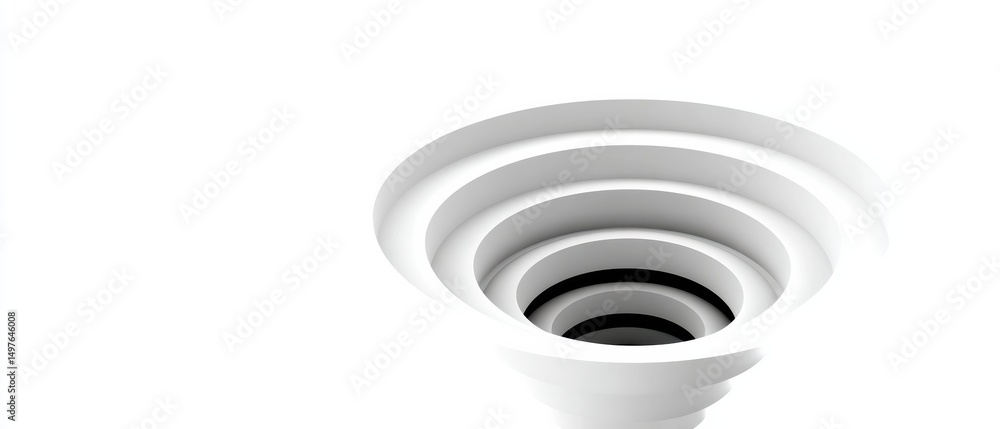 Poster minimalist image of concentric white rings forming a descending tunnel or vortex on a clean white ba