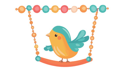 A cute cartoon bird sits on a swing hanging from a beaded garland.
