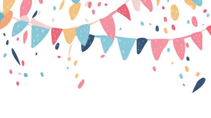 Fototapeta premium The image displays a celebratory scene with colorful triangular pennants and scattered confetti against a white background. 