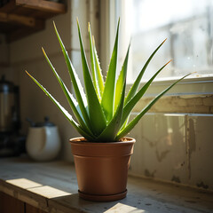 Isolated aloe vera houseplant in a flowerpot for home decoration with fresh green leaves and new growth
