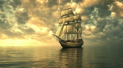 Majestic tall ship sails on the sea during a golden sunset.  Illustration.