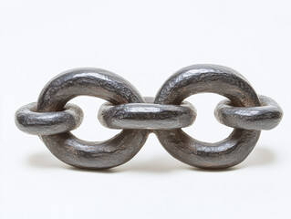 A hand-forged steel chain link, isolated on a white surface, with a strong, solid construction and no shadow.