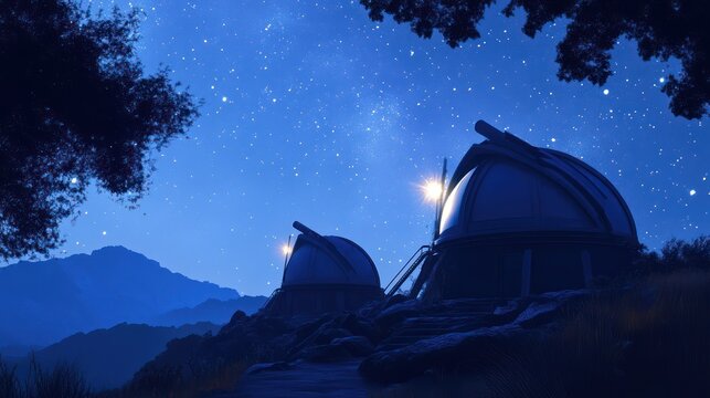 Starry night scene featuring illuminated observatories on a hilltop.