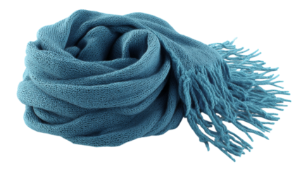 A light blue knitted scarf with fringe is draped and curled on a black background in a studio shot