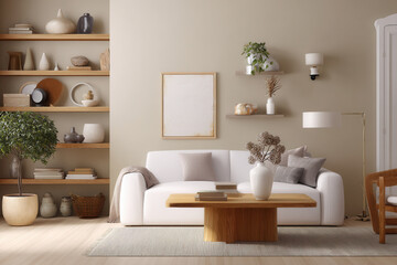 Elegant and minimalist living room design featuring a white sofa and wooden coffee table with tasteful accessories