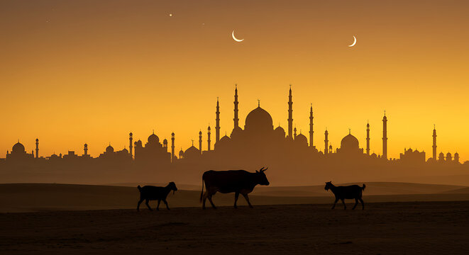 Eid al-Adha Silhouetted Goats and Cattle Grazing Before a Majestic Mosque at Dawn - Powered by Adobe