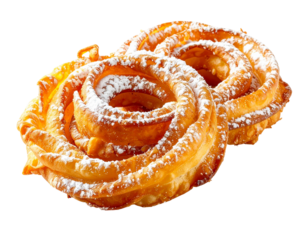 Two golden-brown, fried pastries, spiraled and dusted with powdered sugar