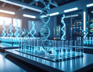 DNA strand over test tubes in a modern laboratory setting. Futuristic medical research concept.
