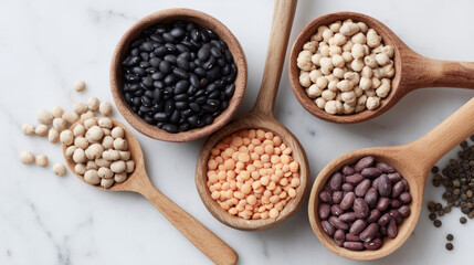 Assorted beans in rustic wooden spoons, earthy symphony of legumes celebrating World Pulses Day, plant-based protein harmony