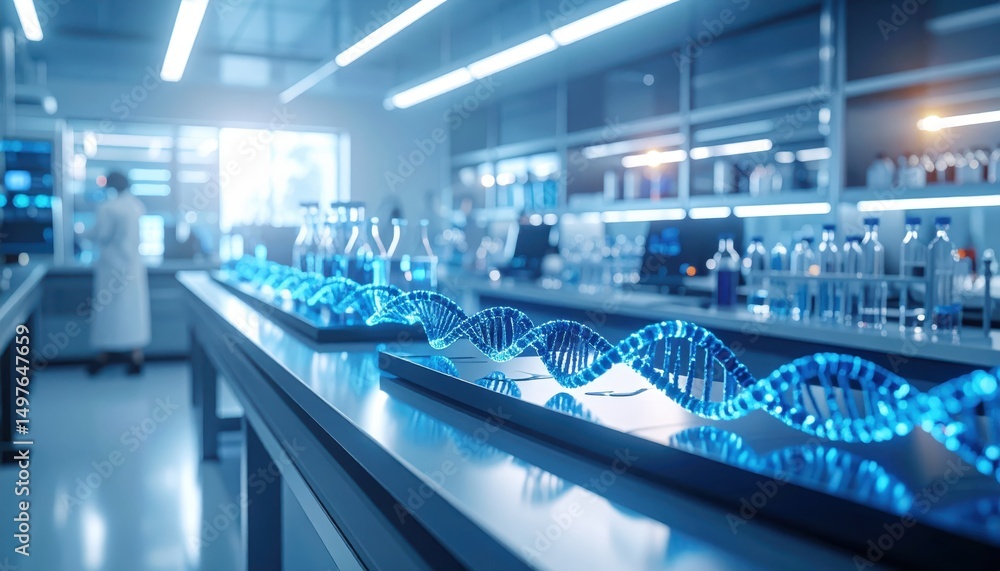 Poster glowing blue dna strands displayed on a lab counter, scientists working in the background. modern la