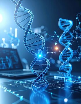 Glowing blue DNA strands over a laptop and digital tablet, representing genetic research and biotechnology.