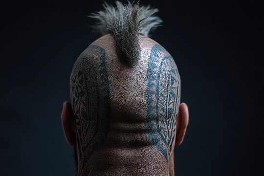 Aloof mohawk tribal tattoos on weathered scalp, evoking primal energies and Samhain's haunting whispers, Indigenous male figure