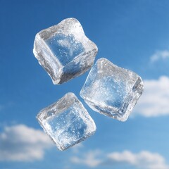 Obraz premium Three clear ice cubes floating in air with blue sky background