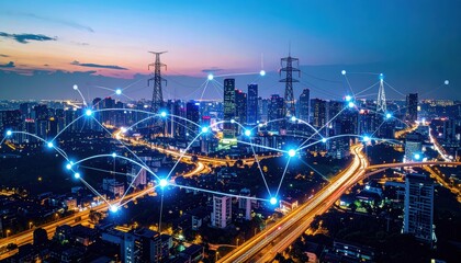 Obraz premium Night cityscape with glowing network connections overlayed, showing city infrastructure and digital network. High angle, twilight view.
