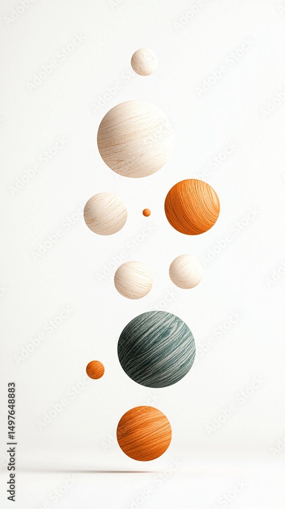 Poster floating textured spheres in a staggered grid on white background