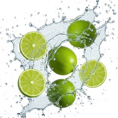 Refreshing limes with water splash for summer drinks and cocktails