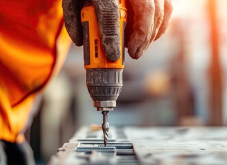 Close-up of worker's hand using a cordless drill to make a hole in metal.