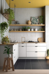 Modern kitchen design with white cabinetry and vibrant yellow ceiling, enhanced by decorative plants and cozy furnishings