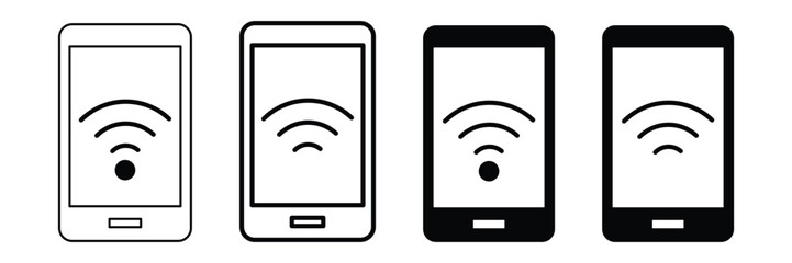 Smartphone wi-fi signal icon collection mobile internet wireless connection black outline filled modern technology vector illustration symbol set.