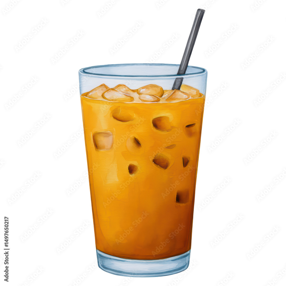 Poster refreshing iced drink in glass with ice cubes and straw for summer vibes, isolated on transparent ba
