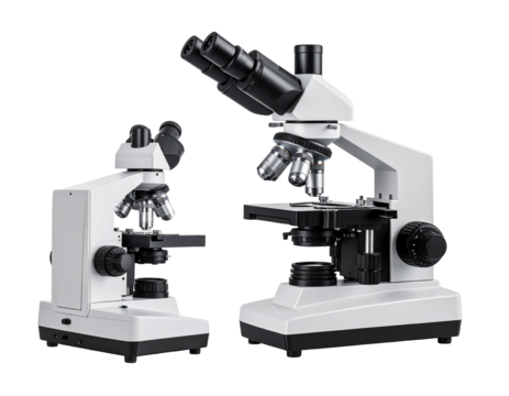 Two laboratory microscopes, one larger than the other, shown against a black background