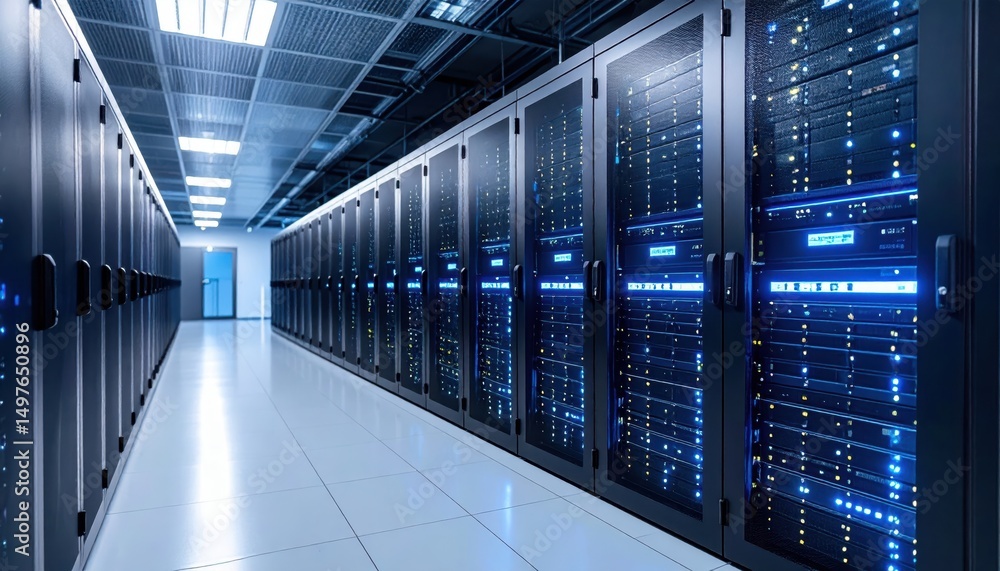 Poster rows of server racks illuminate a modern data center.