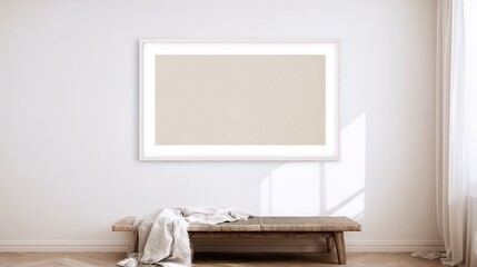 Blank frame in minimalist interior with bench and soft light