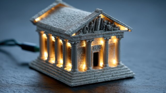 Illuminated silver model of a classical temple on a dark background.