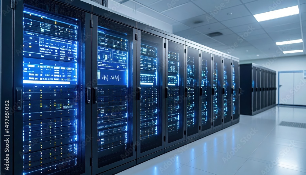 Poster rows of illuminated server racks in a modern data center. blue lights reflect on a clean floor.