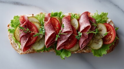Open-faced sandwich with deli meat tomato and pickles on bread