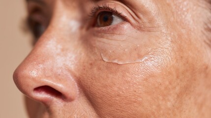 Obraz premium Eye cream applied under right eye on mature woman's face