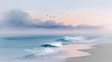 Obraz premium Watercolor seascape with soft waves and birds at dawn