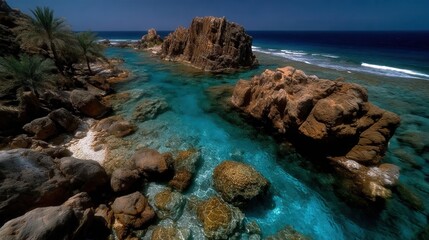 Coral heads seen through transparent water, sand, stone