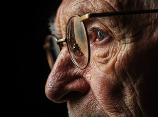 Close-up portrait of a thoughtful senior man wearing glasses, looking away.