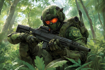 Fototapeta premium Camouflaged Soldier with Glowing Visor Aims Rifle in Dense Jungl