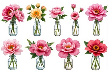 Obraz premium Ten Varied Pink and Peach Peony Bouquets in Glass Jars Floral Arrangements Spring Flowers