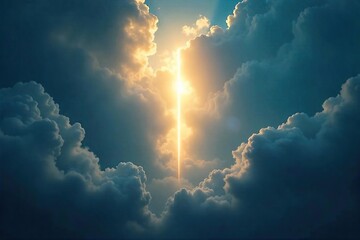 A single, bright light pierces through dark, stormy clouds, symbolizing hope and spiritual awakening  The light beams down, illuminating a path forward ,  god,  heaven,  resurrection