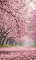 Fototapeta premium Soft pink sakura petals descend, softly blurring into a background of blossoming cherry trees , cherry blossoms, soft pink sakura