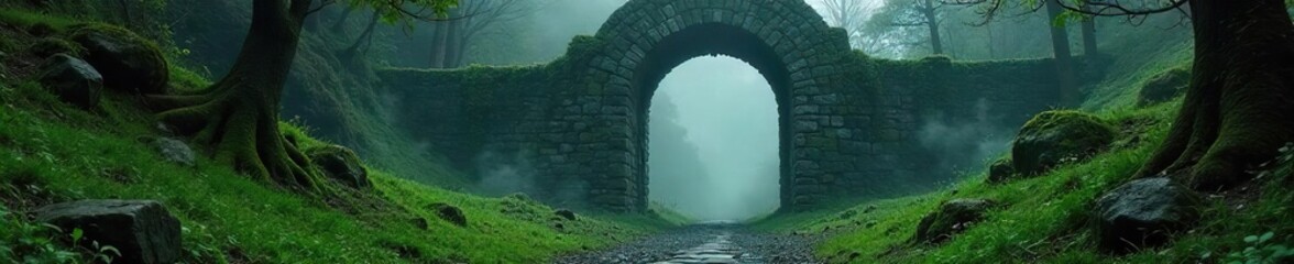 An ancient, moss-covered stone gateway shrouded in mist, hinting at a hidden mystical realm beyond Perfect for fantasy, occult, or historical settings , backdrop, ethereal, fog