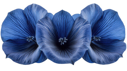 Artistic rendition of three vibrant blue flowers on PNG transparent background