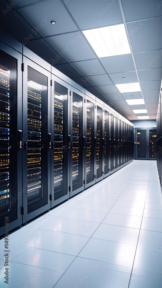 Poster rows of illuminated server racks in a modern data center, showcasing technological infrastructure.