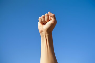 Raised Fist Against a Clear Blue Sky: A Symbol of Strength and Defiance
