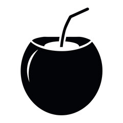 Minimalist black coconut icon with straw single icon design