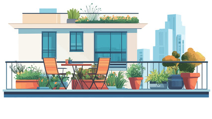 Fototapeta premium A digitally rendered illustration depicts a meticulously detailed urban balcony scene. The illustration showcases a modern apartment building's balcony adorned with an array of potted plants.