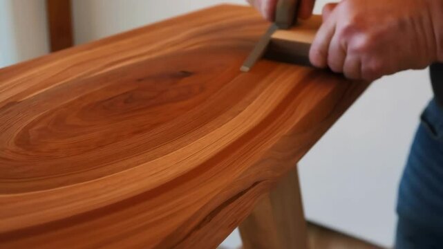 Artisan crafting a table with raw edge, utilizing a sharp chisel for detailed woodworking in a natural light workshop, focusing on fine grain and curved patterns.