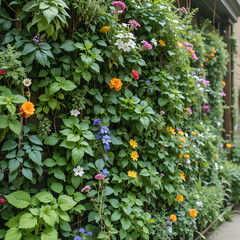 Orange tree with ripe fruits in a vibrant summer garden, surrounded by green leaves and colorful blossoms