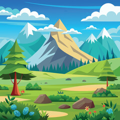 Obraz premium Nature landscape illustration with grass trees and bushes