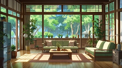 Fototapeta premium Anime-style Californian boho home with plants and neutral palettes